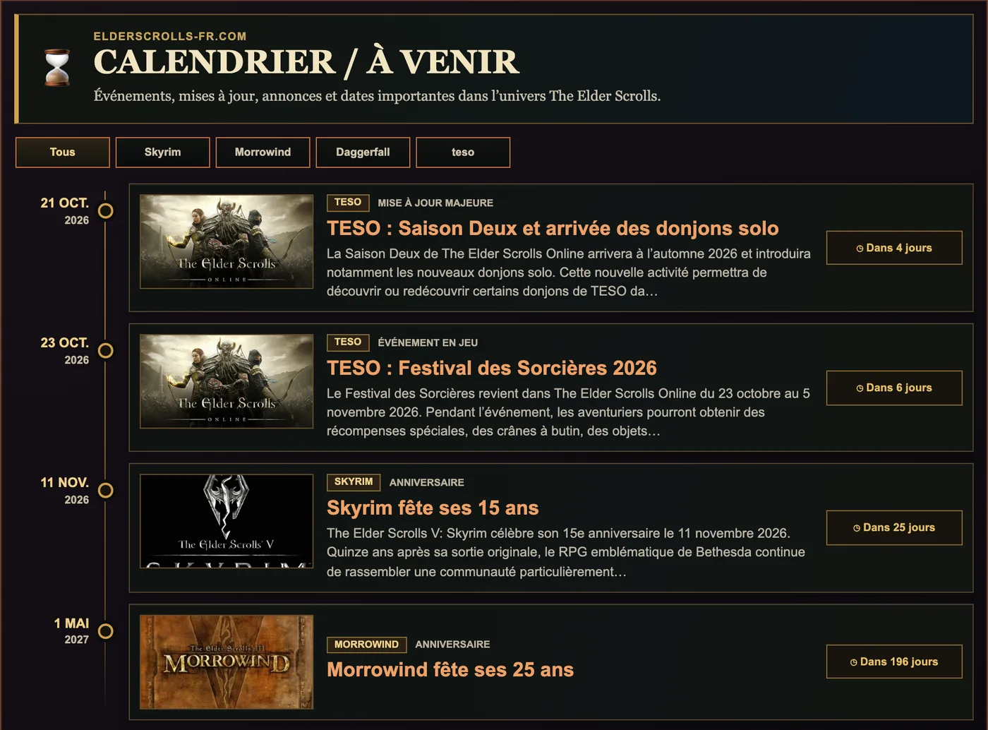 Le calendrier d’ElderScrolls-fr.com : la Saison Deux de TESO et ses donjons solo, le Festival des Sorcières 2026, les 15 ans de Skyrim et les 25 ans de Morrowind.