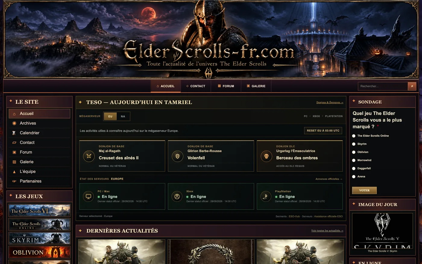 La page d’accueil d’ElderScrolls-fr.com : la bannière du site, avec un guerrier en armure au-dessus d’un paysage nocturne, le menu des jeux et le bloc consacré aux activités du jour de TESO.