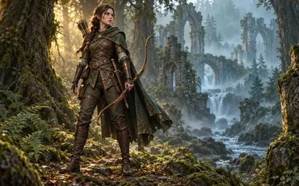 Character art of an archer in a ruined forest, the kind of image that illustrates a recruitment post.