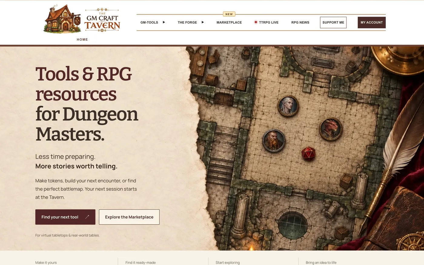 The GM Craft Tavern home page: tabletop RPG tools and resources for game masters, next to a dungeon battlemap with tokens.