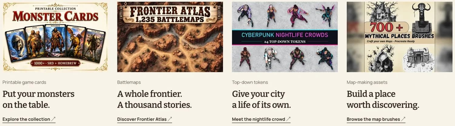Four Marketplace collections: printable monster cards, 1,235 western battlemaps, top-down cyberpunk tokens and mapmaking brushes.