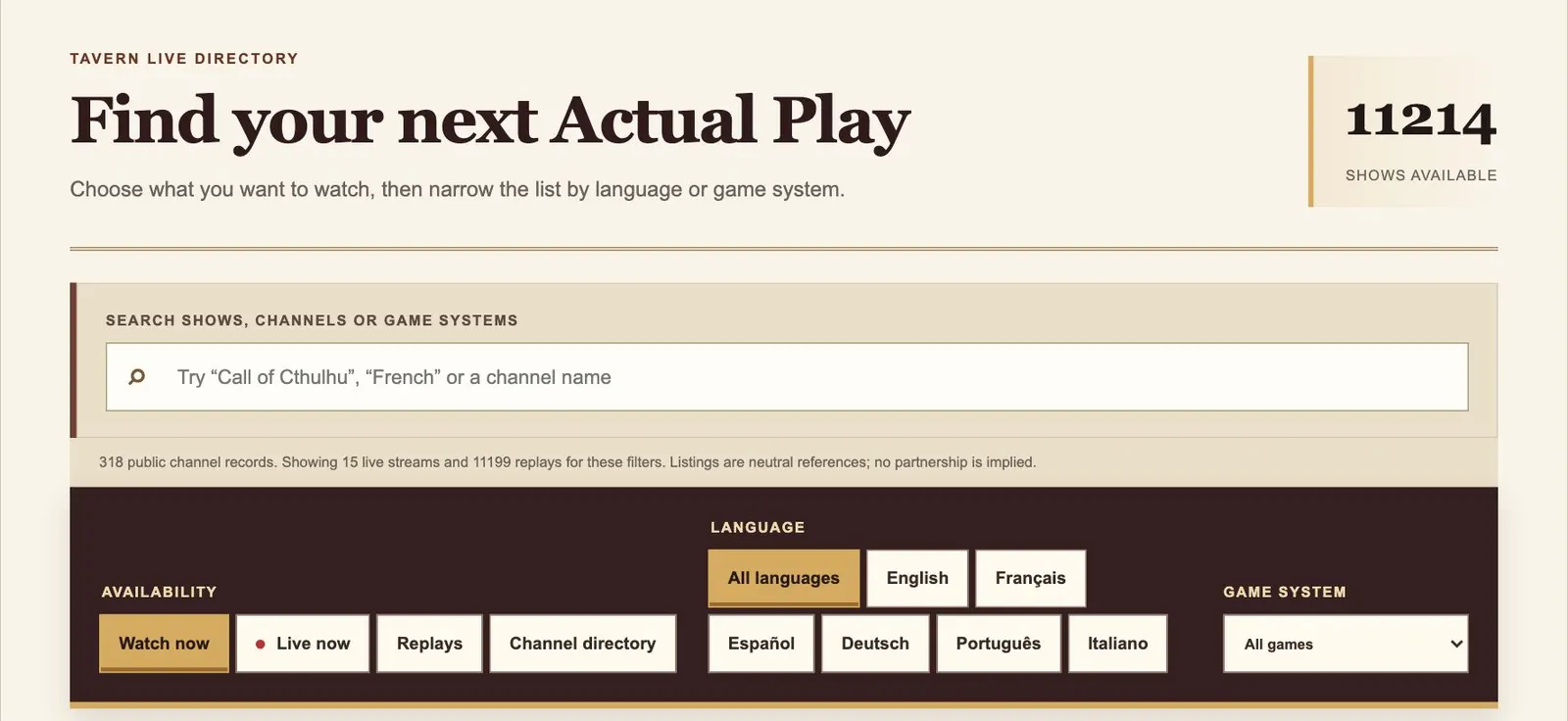 The Tavern Live directory: search by show, channel or system, with filters for language and game system.