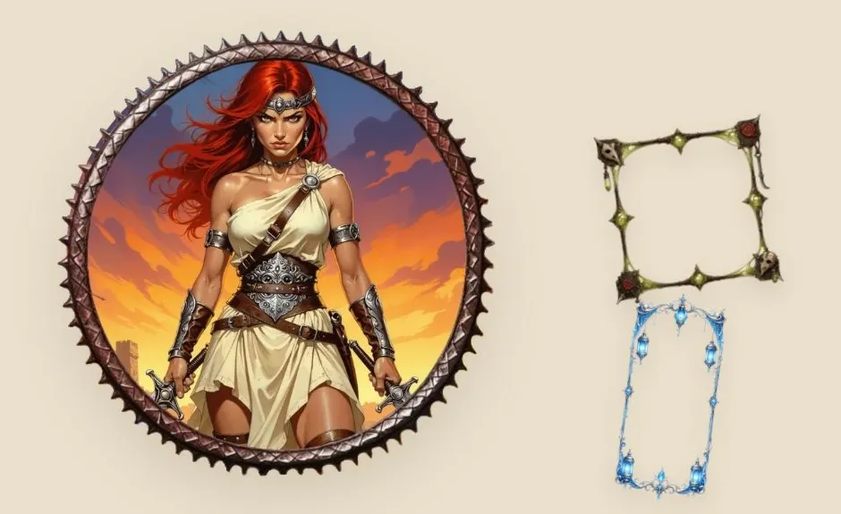 A round token of a warrior next to two token frames, one square and one portrait.