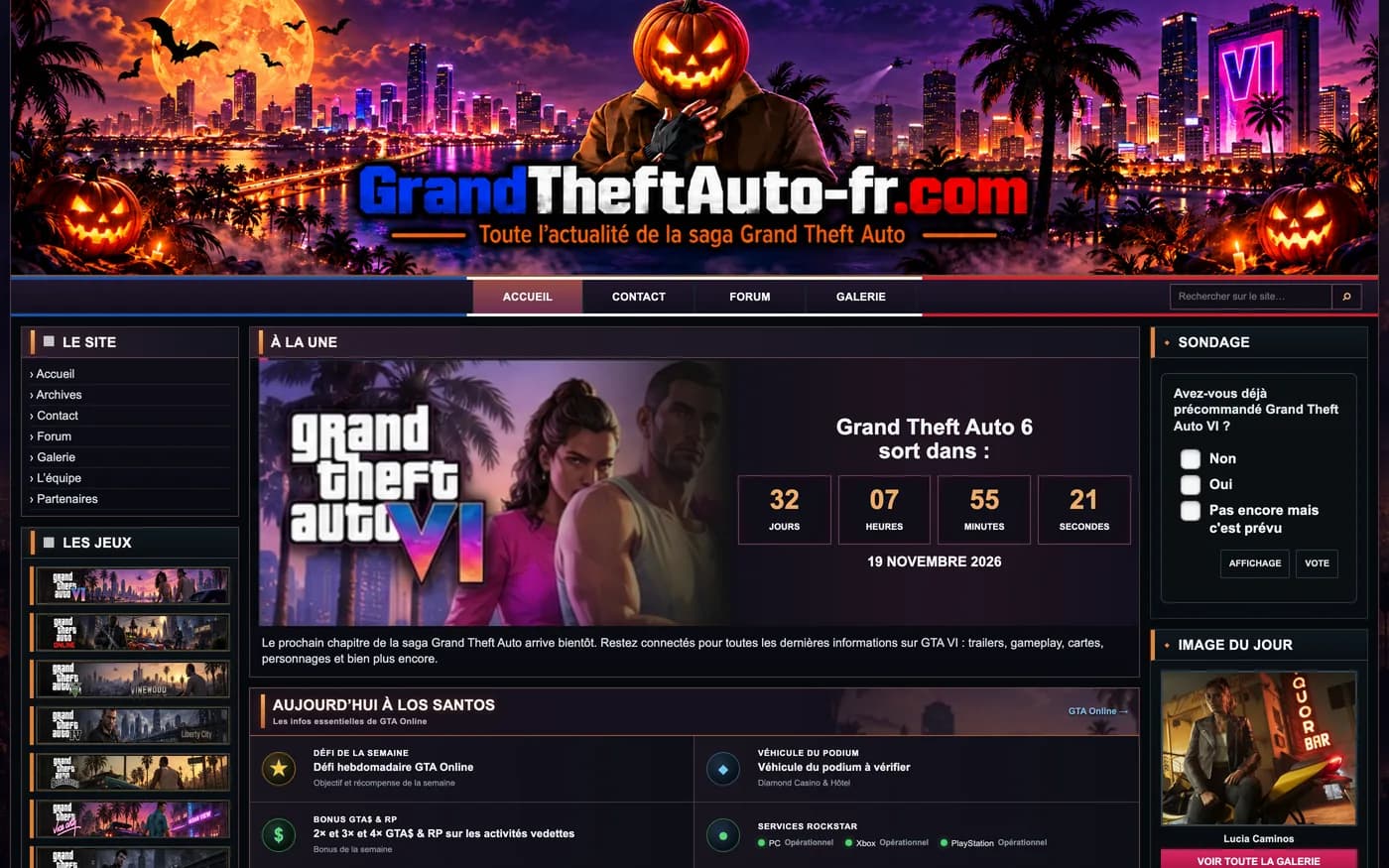 La page d’accueil de GrandTheftAuto-fr.com : la bannière du site sur une ville illuminée de néons, le menu des jeux et un compte à rebours avant la sortie de Grand Theft Auto VI.