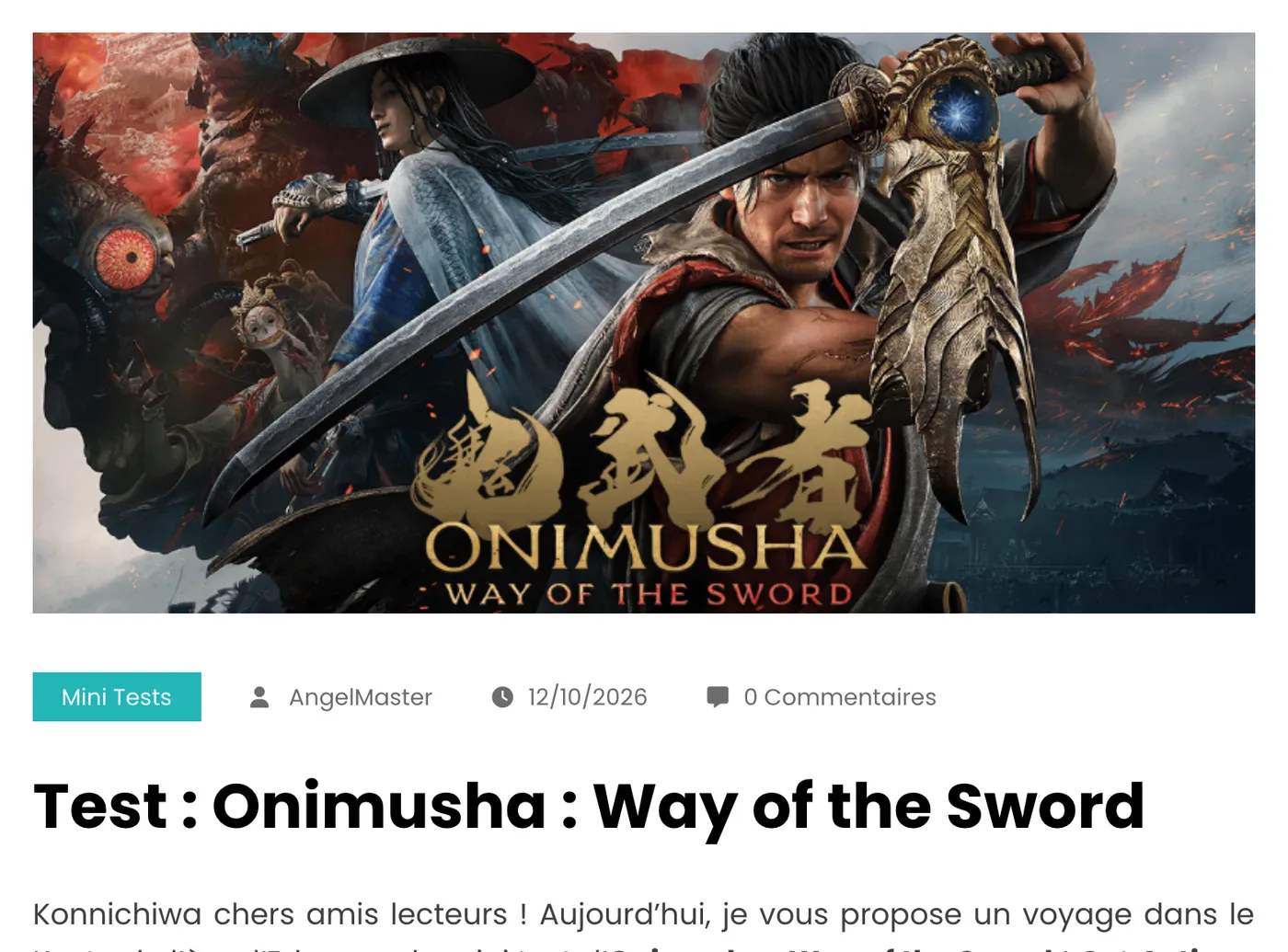 Le mini-test d’Onimusha : Way of the Sword sur TheAngelMaster, avec sa miniature illustrée, publié le 12 octobre 2026 dans la catégorie Mini Tests.